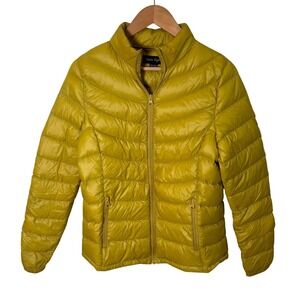Charlie Paige Mustard Yellow Down Puffer Jacket Women‎ Small Chevron Quilted Zip